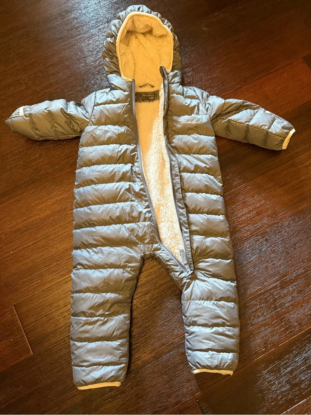 Eddie Bauer Gray Quilted Kids One-Piece Snowsuit with Sherpa Hood